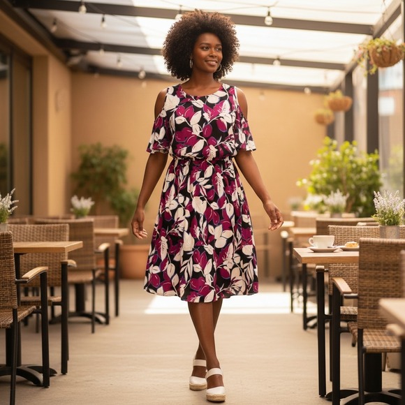 Roz & Ali Dresses & Skirts - 293. Roz & Ali Women 1X Floral Cold Shoulder‎ Dress Knee Length Chic